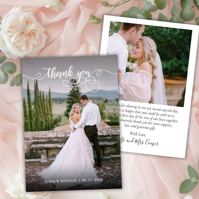 Chic Elegant Script 2 Photo Wedding Thank You Card (Creator Uploaded)