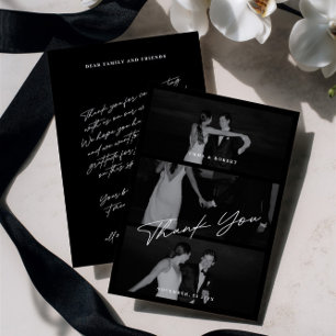 Chic Elegant Script Black 3 Photo Wedding Thank You Card