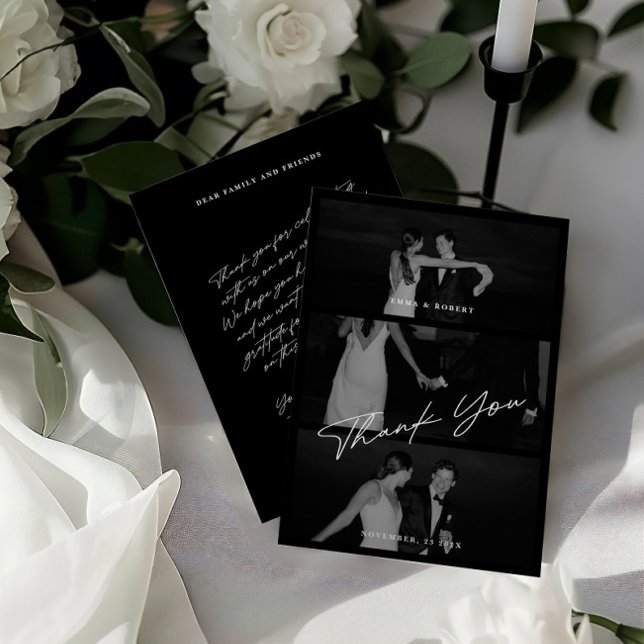 Chic Elegant Script Black 3 Photo Wedding Thank You Card (Chic Elegant Script Black 3 Photo Wedding Thank You Card)