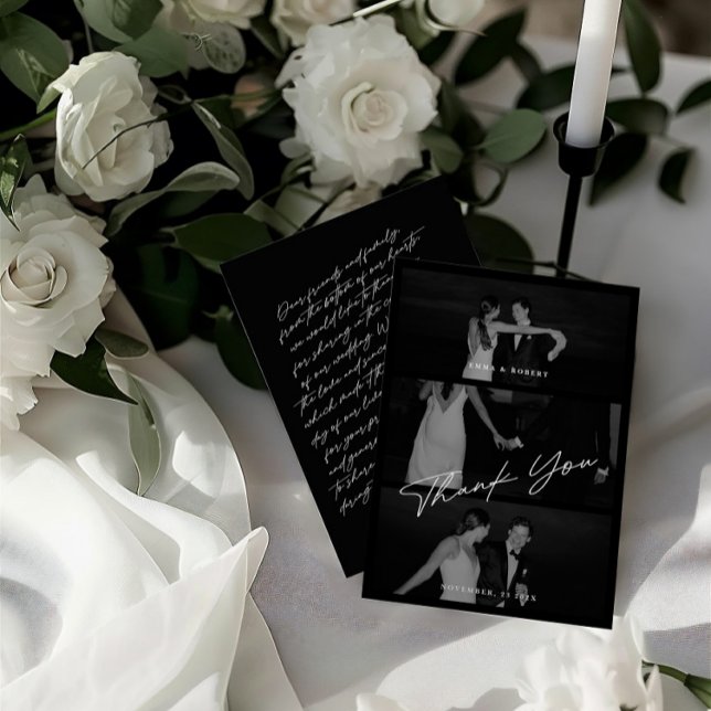 Chic Elegant Script Black 3 Photo Wedding Thank You Card (Chic Elegant Script Black 3 Photo Wedding Thank You Card)