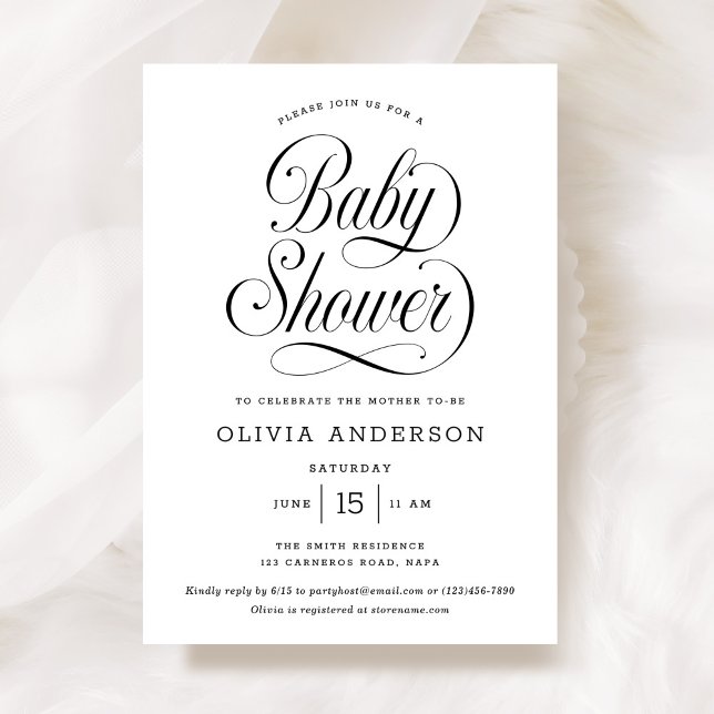 Chic Elegant Script Black & White Baby Shower Invitation (Creator Uploaded)