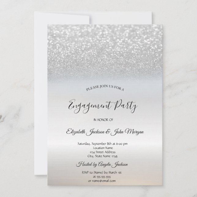 Chic Elegant Silver Glitter Bokeh Engagement  Invitation (Front)