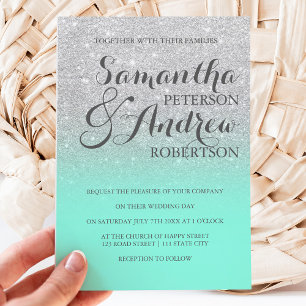 Chic elegant silver glitter mint green wedding invitation