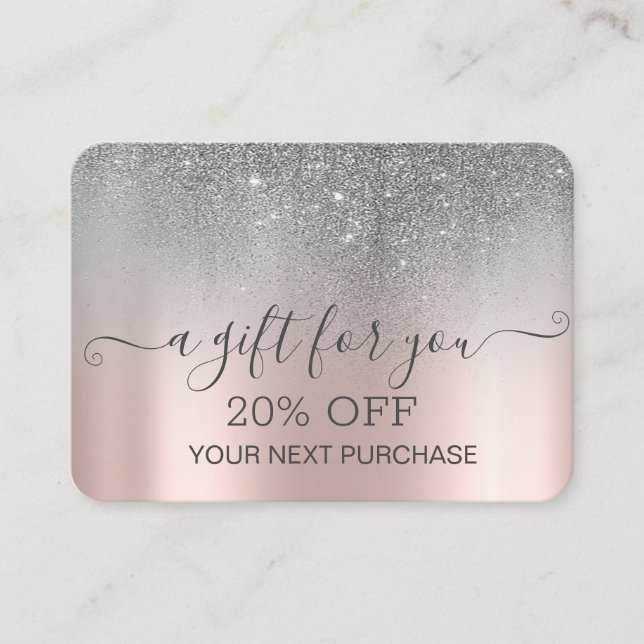 Chic Elegant Silver Glitter Rose Gold  Discount Card (Front)