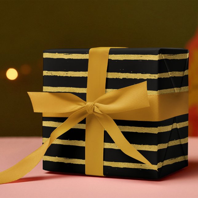 Chic Elegant Striped Black Gold  Wrapping Paper (Creator Uploaded)