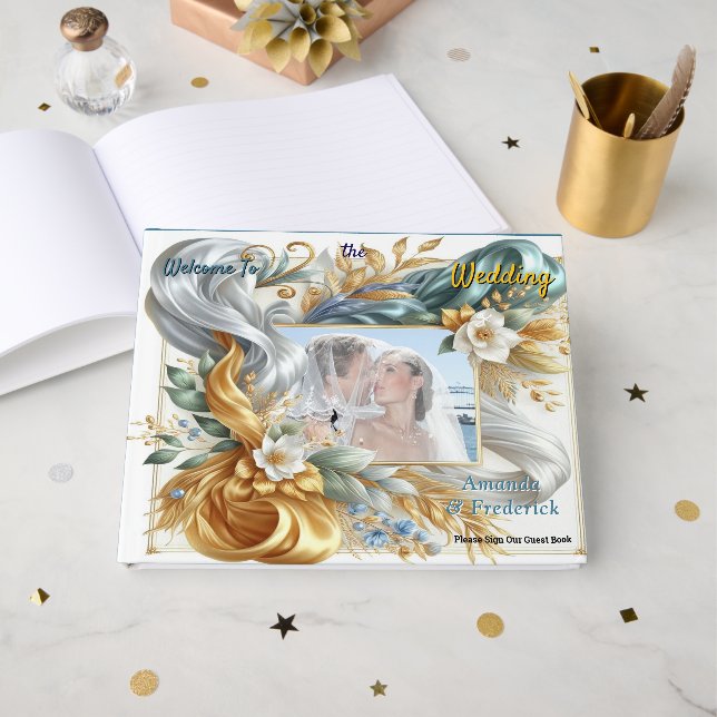 Chic Elegant Swirls in Gold, Silver, Blue, Yellow  Guest Book (Front Open)