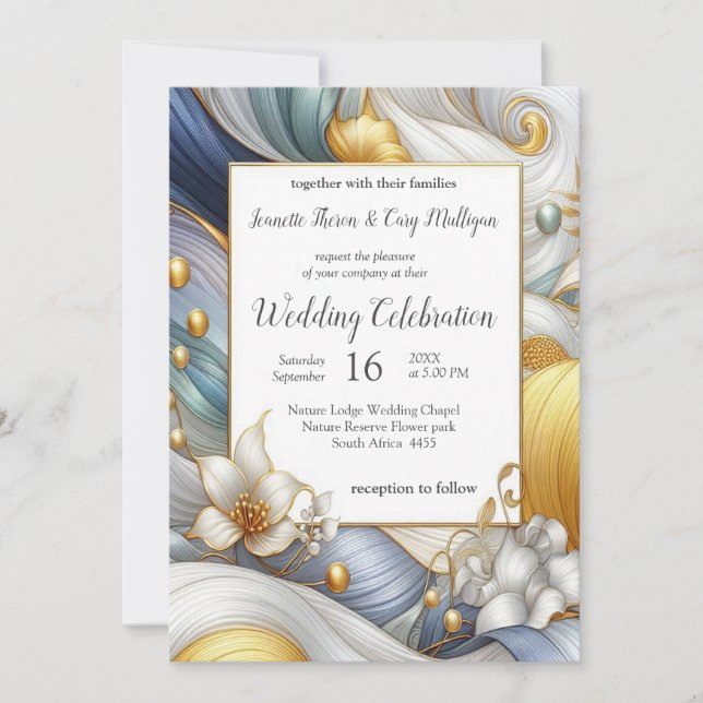 Chic Elegant Swirls in Gold, Silver, Blue, Yellow  Invitation (Front)