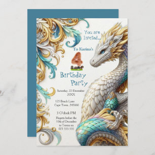 Chic Elegant Swirls in Gold, Silver Playful Dragon Invitation