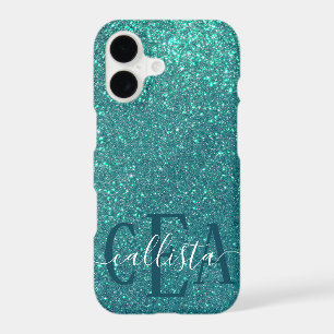 Chic Elegant Teal Blue Sparkly Glitter Monogram