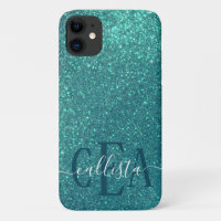 Chic Elegant Teal Blue Sparkly Glitter Monogram