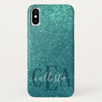 Chic Elegant Teal Blue Sparkly Glitter Monogram