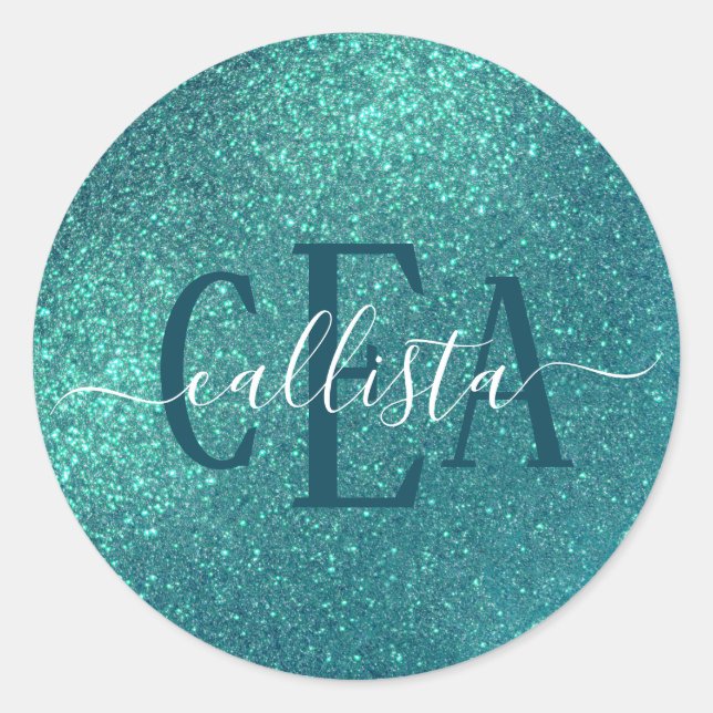 Chic Elegant Teal Blue Sparkly Glitter Monogram Classic Round Sticker (Front)