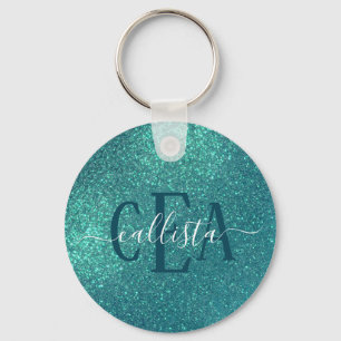 Chic Elegant Teal Blue Sparkly Glitter Monogram Key Ring
