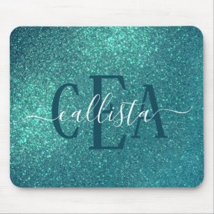 Chic Elegant Teal Blue Sparkly Glitter Monogram Mouse Pad