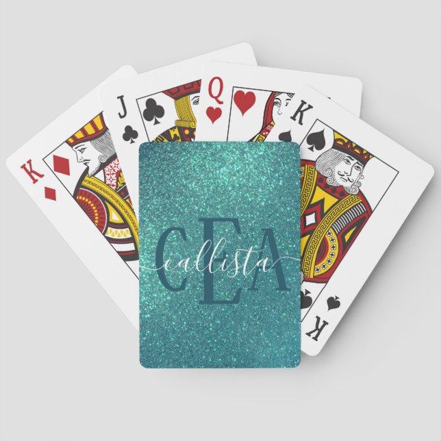 Chic Elegant Teal Blue Sparkly Glitter Monogram Playing Cards (Back)