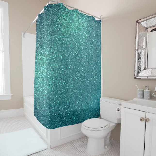 Chic Elegant Teal Blue Sparkly Glitter Shower Curtain (In Situ)