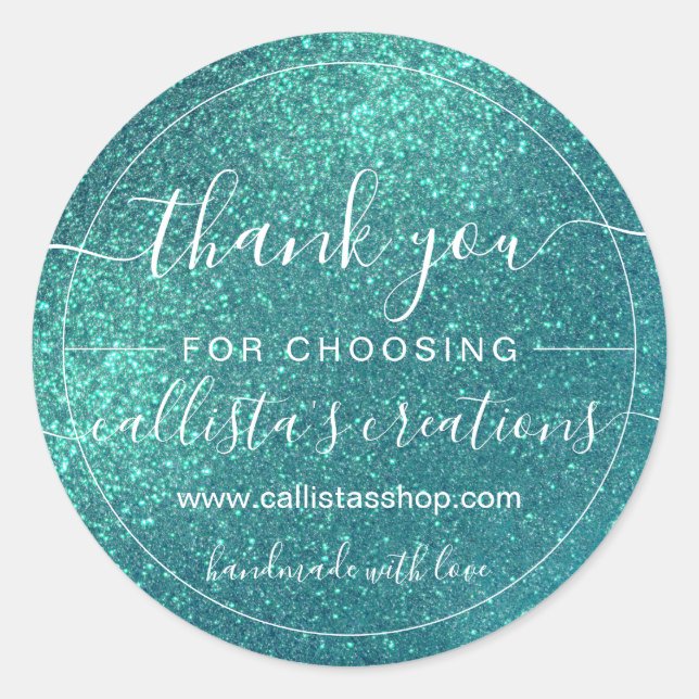 Chic Elegant Teal Blue Sparkly Glitter Thank You Classic Round Sticker (Front)