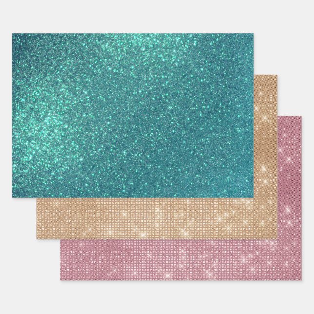 Chic Elegant Teal Blue Sparkly Glitter Wrapping Paper Sheet (Set)
