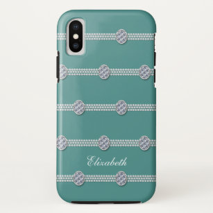 Chic Elegant Teal Faux Diamonds Pearls Case-Mate iPhone Case