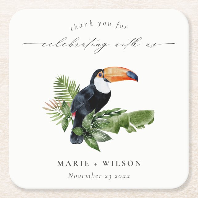 Chic Elegant Tropical Rainforest Toucan Wedding Square Paper Coaster (Front)
