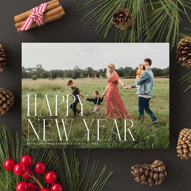 Chic Elegant Typography Happy New Year One Photo Holiday Card (Creator Uploaded)