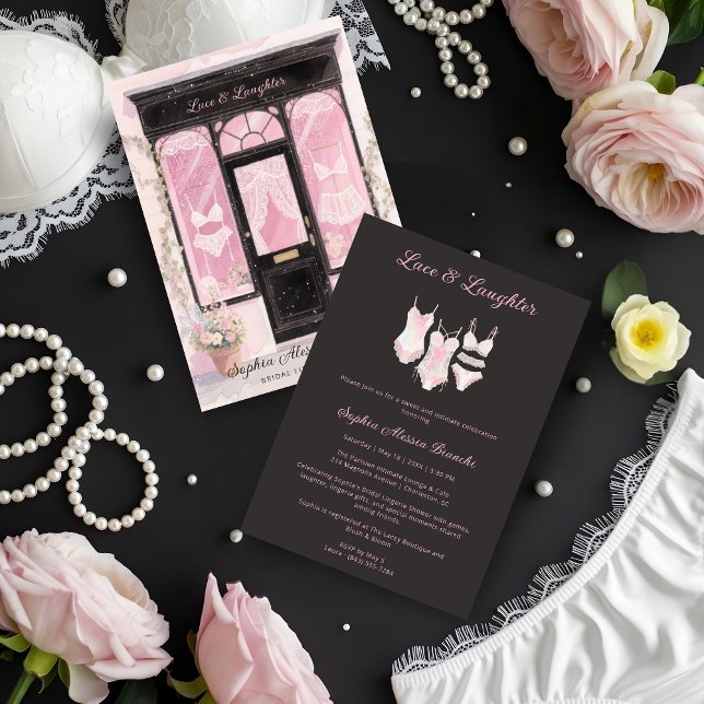 Chic Elegant Vintage Lingerie Bridal Shower Invitation (Elegant Vintage Lingerie Shop Bridal Shower Cards in Pastel Pink and Black Invitation Cards. )
