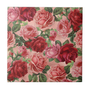 Chic Elegant Vintage Pink Red Roses Floral Ceramic Tile