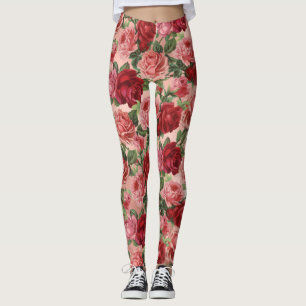 Chic Elegant Vintage Pink Red Roses Floral Leggings