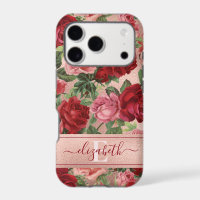Chic Elegant Vintage Pink Red Roses Floral Name