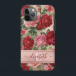 Chic Elegant Vintage Pink Red Roses Floral Name iPhone 11 Pro Case<br><div class="desc">Chic Elegant Vintage Pink Red Roses Floral Name Case-Mate iPhone Case Chic, Elegant, Vintage, Pink, Pale violet red, roses floral name phone case. Romantic, girly design an elegant vintage floral pink, pale violet red roses with green leaves pattern on rose gold background. You can customise with your name and monogram....</div>