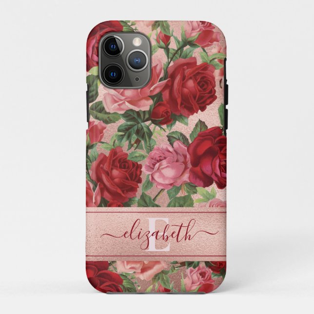 Chic Elegant Vintage Pink Red Roses Floral Name Case-Mate iPhone Case (Back)