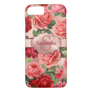 Chic Elegant Vintage Pink Red Roses Floral Name iPhone 8/7 Case