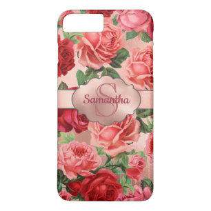 Chic Elegant Vintage Pink Red Roses Floral Name iPhone 8 Plus/7 Plus Case