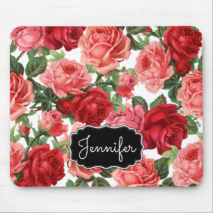 Chic Elegant Vintage Pink Red roses floral name Mouse Pad
