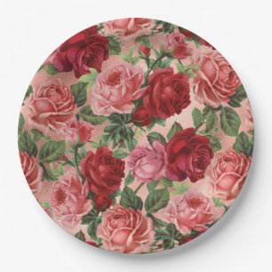 Chic Elegant Vintage Pink Red Roses Floral Paper Plate