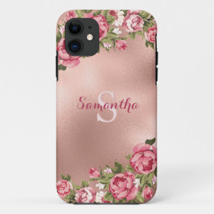 Chic Elegant Vintage Pink Roses Floral Name Case-Mate iPhone Case