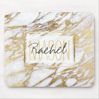 Chic Elegant White and Gold Marble Monogram Mouse Pad