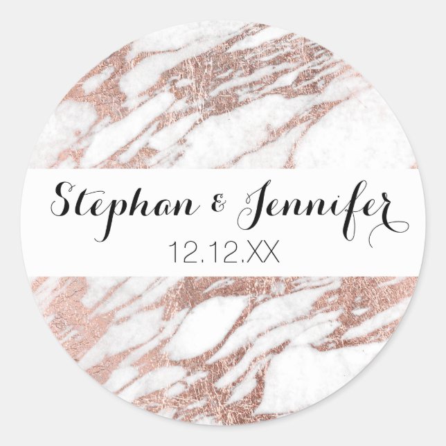 Chic Elegant White and Rose Gold Marble Pattern Classic Round Sticker (Front)