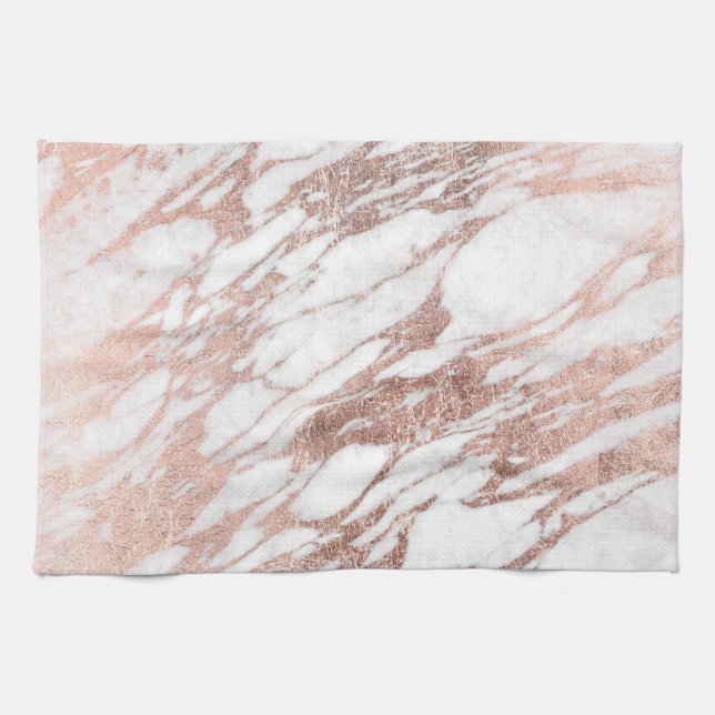 Chic Elegant White and Rose Gold Marble Pattern Tea Towel (Horizontal)