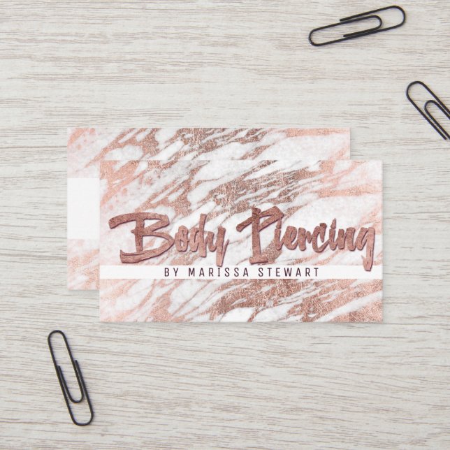 Chic Elegant White Rose Gold Marble Body Piercing Business Card (Front/Back In Situ)