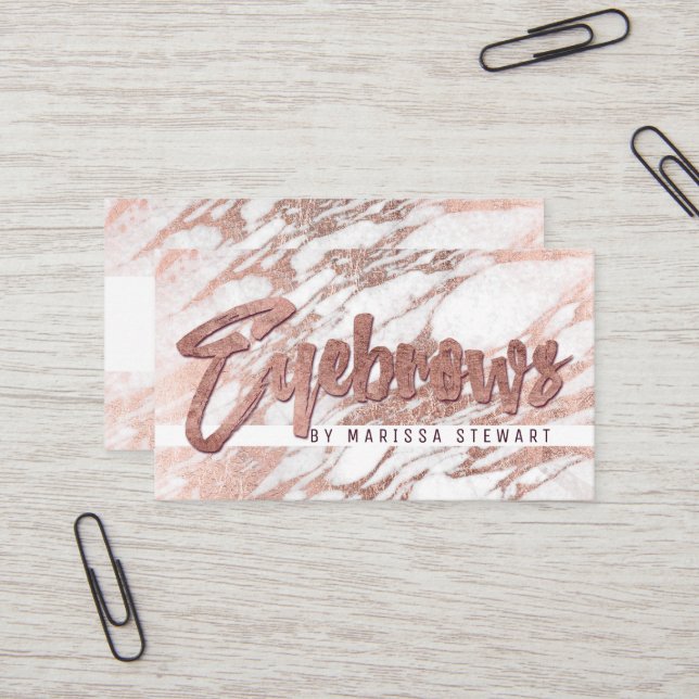 Chic Elegant White Rose Gold Marble Eyebrows Business Card (Front/Back In Situ)