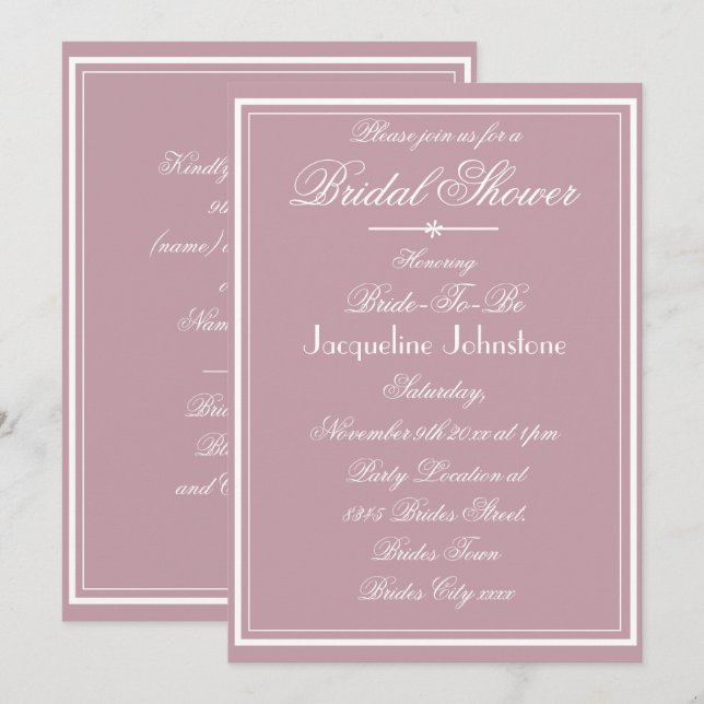 Chic Elegant White Script Dusty Pink Bridal Shower Invitation (Front/Back)