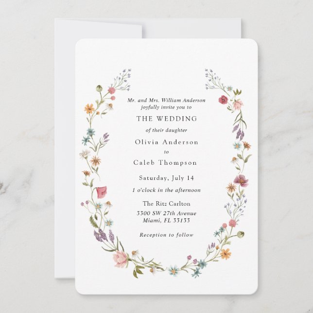 Chic Elegant Wildflower Wreath Wedding Invitation (Front)