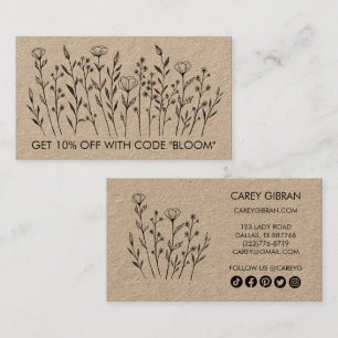 Chic Elegant Wildflowers Art Social Icons Kraft Discount Card