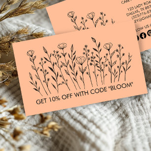 Chic Elegant Wildflowers Line Art Social Icons  Discount Card