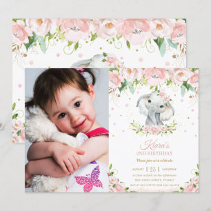 Chic Elephant Blush Pink Floral 1st Birthday Photo Invitation