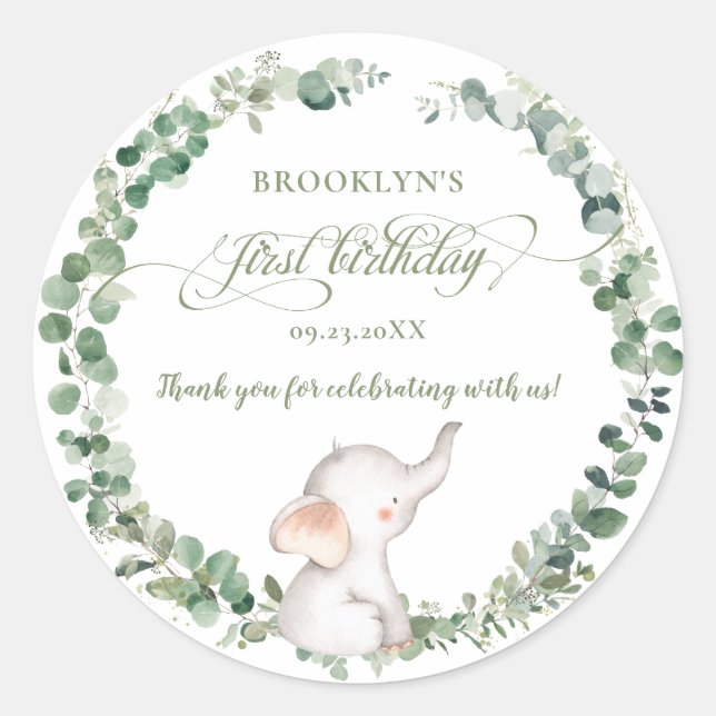 Chic Elephant Greenery Gender Neutral 1st Birthday Classic Round Sticker (Front)