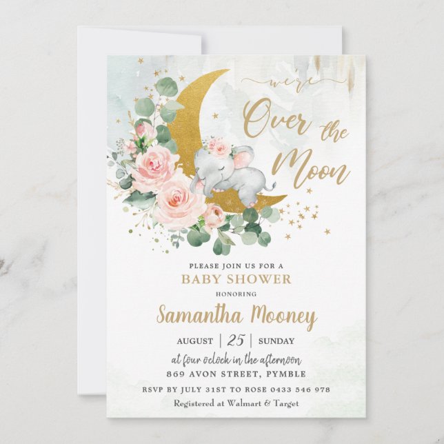 Chic Elephant We're Over the Moon Girl Baby Shower Invitation (Front)