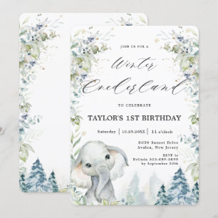 Chic Elephant Winter Onederland 1st Birthday Invitation