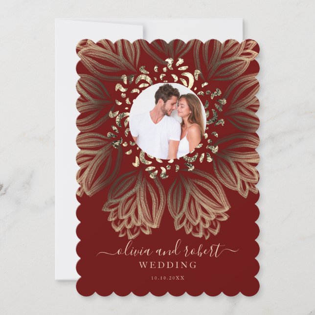 Chic Elgant Burgundy Gold Floral Photo Wedding Invitation (Front)
